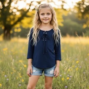 Btween Girls Size 8 Navy Blue Lace Up Three Quarter Sleeve Shirt